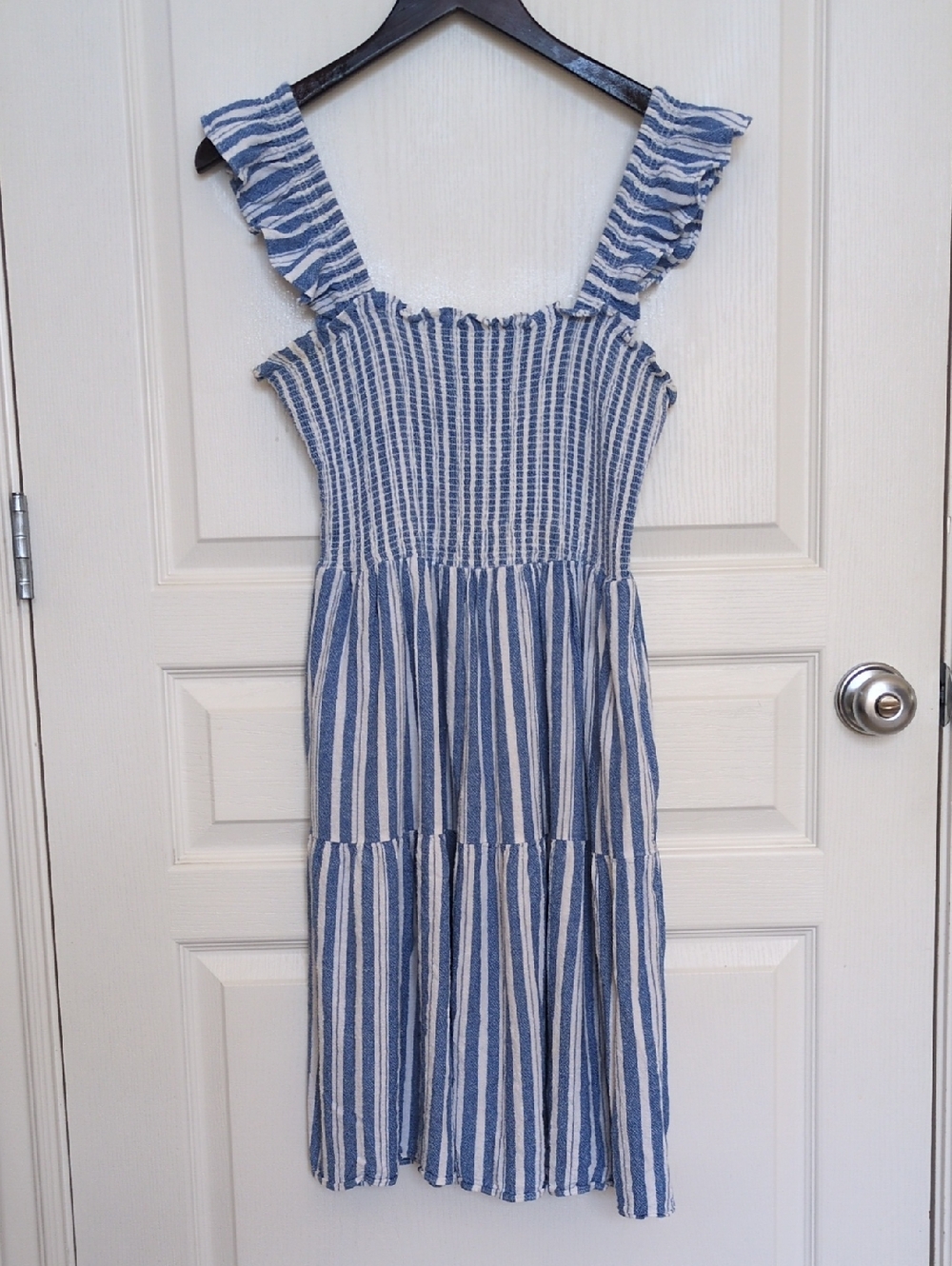 Eliza J Blue and White Smocked Striped Dress
